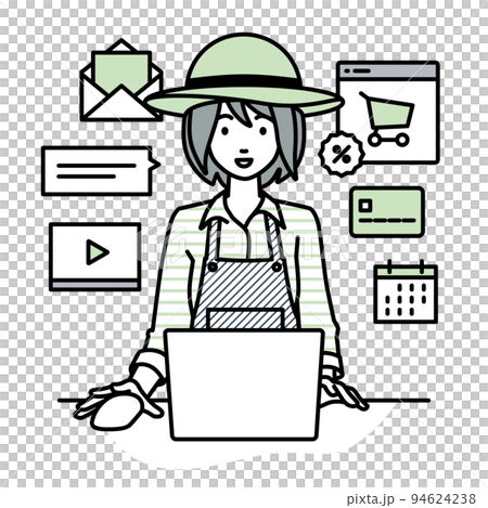 A farmer woman sitting at a desk and doing an online shop or marketing job on a PC A farmer woman sitting at a desk and doing an online shop or marketing job on a PC 94624238