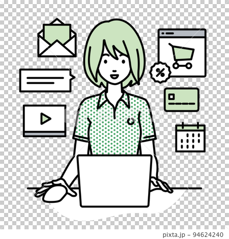 A remote work woman sitting at a desk and doing an online shop or marketing job on a PC A remote work woman sitting at a desk and doing an online shop or marketing job on a PC 94624240
