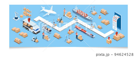 3D isometric Global logistics network concept with Transportation operation service, Export, Import, Cargo, Air, Road, Maritime delivery. Vector illustration EPS 10 94624528