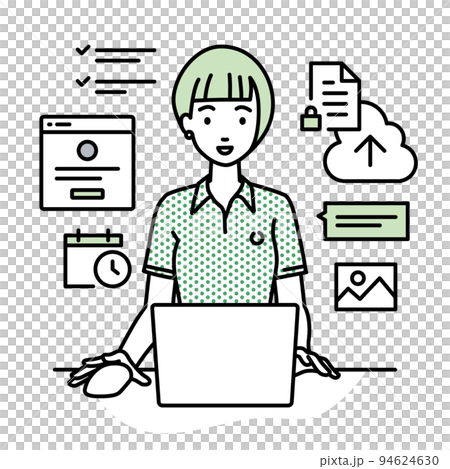 一位身穿 Polo 衫的女士坐在辦公桌前，在她的 PC 上執行項目或任務管理工作 94624630