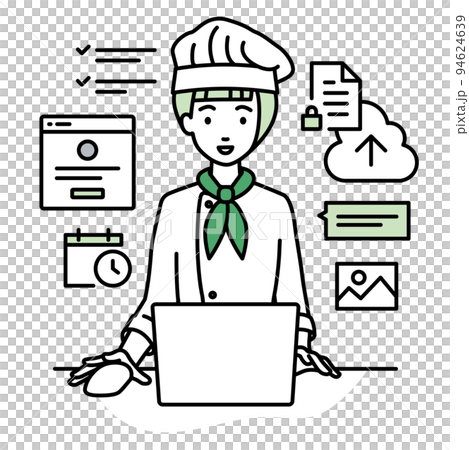 A cook woman sitting at her desk and doing the job of managing projects and tasks on her PC 94624639