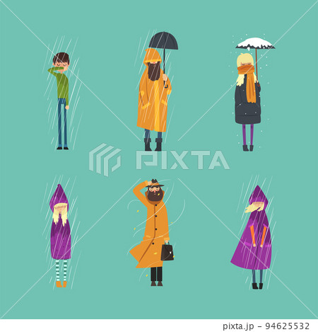 Frozen people standing in heavy rain and cold wind set vector illustration Frozen people standing in heavy rain and cold wind set vector illustration 94625532