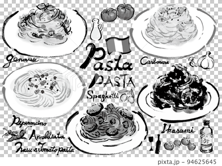 パスタの手描きイラストセット　モノクロ 94625645