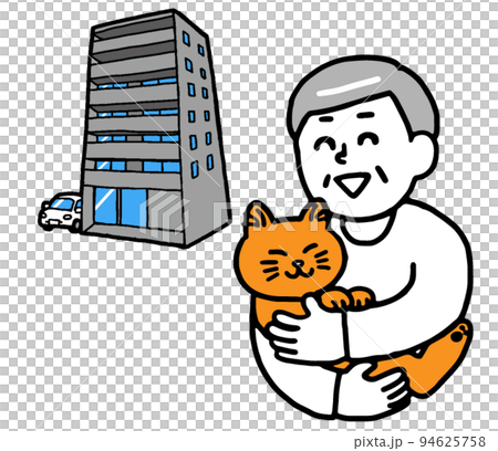 A smiling senior man holding a pet-friendly property apartment / condominium and a cat (simple) 94625758