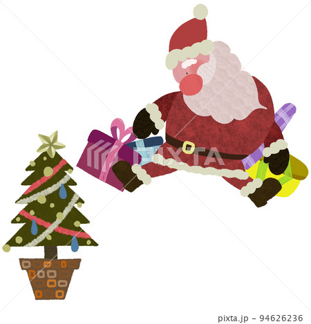 たくさんのプレゼントを落として落ち込むサンタとツリー 94626236
