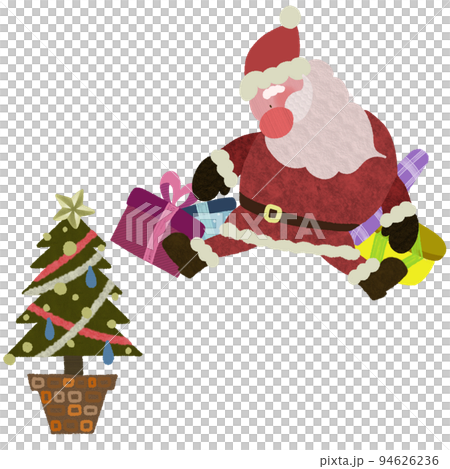 たくさんのプレゼントを落として落ち込むサンタとツリー 94626236