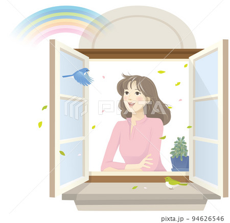 窓から虹を眺める笑顔の女性 94626546