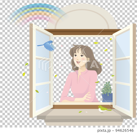 窓から虹を眺める笑顔の女性 94626546