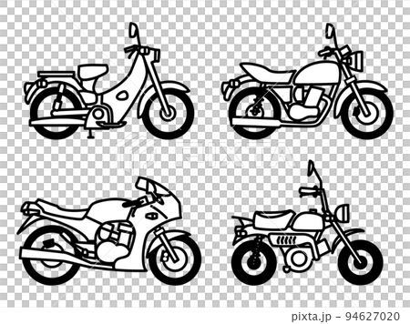 Set of 4 illustrations of motorcycles in white color scheme Set of 4 illustrations of motorcycles in white color scheme 94627020