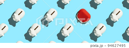 White piggy banks on blue background. Financial and money saving pattern concept banner 94627495