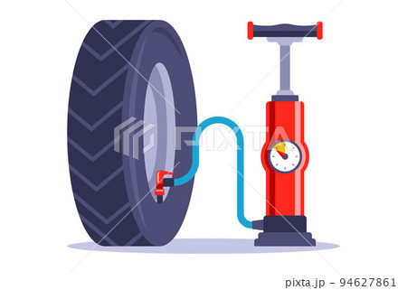 a red pump inflates a car wheel. 94627861