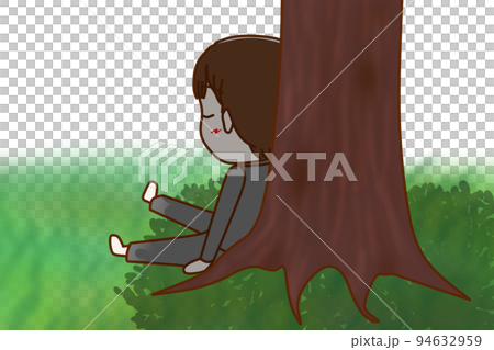 (Whole body obliquely behind) A male student sitting comfortably in the shade of a tree and resting with his eyes closed (Whole body obliquely behind) A male student sitting comfortably in the shade of a tree and resting with his eyes closed 94632959