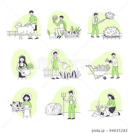 Farmer People Character Doing Agricultural Work Harvesting Crop and Shearing Sheep Vector Set 94635282
