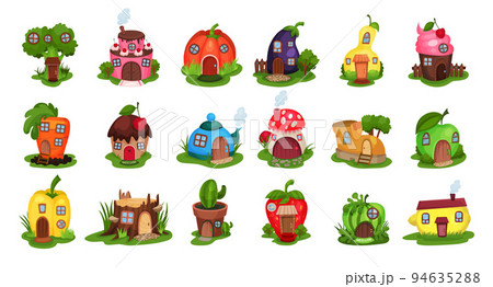 Fantasy House of Different Shape from Fairytale Rested on Green Lawn Big Vector Set 94635288