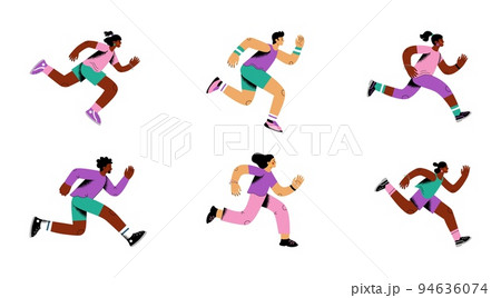 People run. Human action runners in marathon, man and woman do exercises, girl and boy in fast sprint. Bright sportswear contemporary person. Vector illustration cartoon flat style trendy characters 94636074