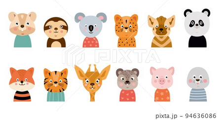 Baby animal faces, cute characters heads, baby shower collection forest wildlife child card, simple zoo birthday party decor. Funny sloth, koala and tiger. Kids print and nursery. Vector cartoon icons 94636086