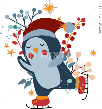 Magic winter animal, cute penguin on skates with winter berry, leaves, stars around. North funny bird. Composition Perfect for greeting cards, poster, postcard, banner. Vector. 94636713