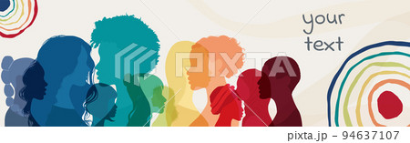 Group of multicultural diversity women and girls face silhouette profile. Female social network community of diverse culture. Business woman. Banner copy space. Spectrum rainbow colors Group of multicultural diversity women and girls face silhouette profile. Female social network community of diverse culture. Business woman. Banner copy space. Spectrum rainbow colors 94637107