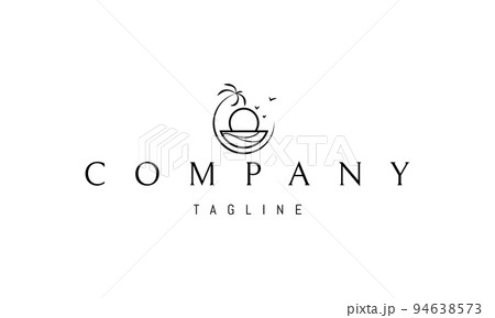 Vector logo on which an abstract image of a palm tree on the shore of an exotic resort. 94638573
