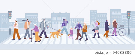 People walking on crosswalk street. Modern populated city and crowd. Business person, kids and pets owner walk on pedestrian, kicky vector urban scene 94638806