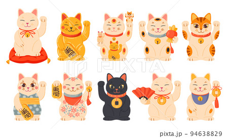 Cartoon lucky cats, Japanese Maneki neko, oriental funny cats. Money and richness fortune asian kittens vector symbols illustrations set. Traditional lucky cats souvenirs Cartoon lucky cats, Japanese Maneki neko, oriental funny cats. Money and richness fortune asian kittens vector symbols illustrations set. Traditional lucky cats souvenirs 94638829