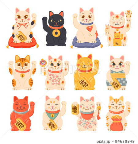 Lucky kittens, oriental Japanese souvenir lucky cats. Cartoon asian fortune and richness symbols, traditional Maneki neko cats vector symbols illustrations set. Cute lucky cat souvenirs Lucky kittens, oriental Japanese souvenir lucky cats. Cartoon asian fortune and richness symbols, traditional Maneki neko cats vector symbols illustrations set. Cute lucky cat souvenirs 94638848