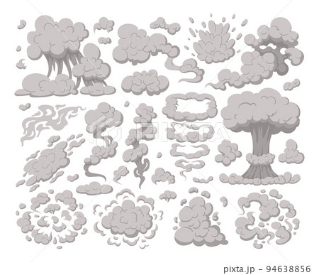 Cartoon comic book dust clouds, smoke puff stream cloud elements. Steaming dust, cloud puffs silhouettes vector symbols illustrations set. Smoke explosion clouds 94638856