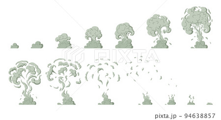 Cartoon smoke explosion sprite elements, dust clouds animation. Smoke silhouette sprite animation vector symbols illustration. Explosion dust clouds action collection 94638857