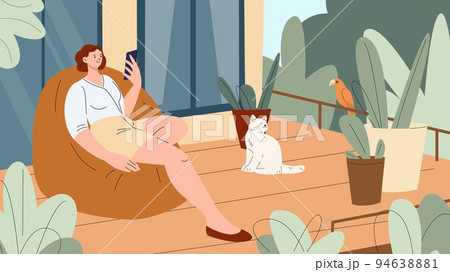 Woman rest in terrace or green balcony with cat and parrot. Home garden interior, remote work or video call. Girl with smartphone on vacation, vector scene 94638881