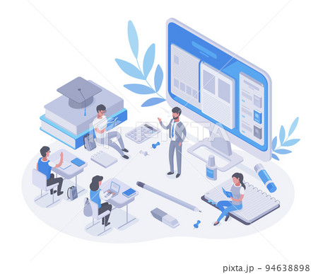 Isometric education course, online studying, university e-learning concept. Studying, process, science or math education lesson vector symbols illustration. Online education Isometric education course, online studying, university e-learning concept. Studying, process, science or math education lesson vector symbols illustration. Online education 94638898