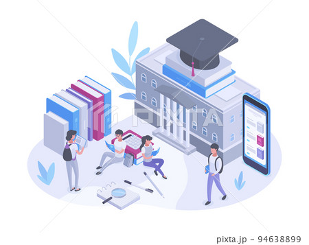 Isometric college campus and students characters, learning, education concept. University building and teenage students vector symbols illustration. College education study process 94638899