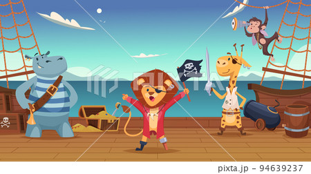 Pirates background. Wild animals in pirate costumes on island with treasures exact vector zoo cartoon set Pirates background. Wild animals in pirate costumes on island with treasures exact vector zoo cartoon set 94639237