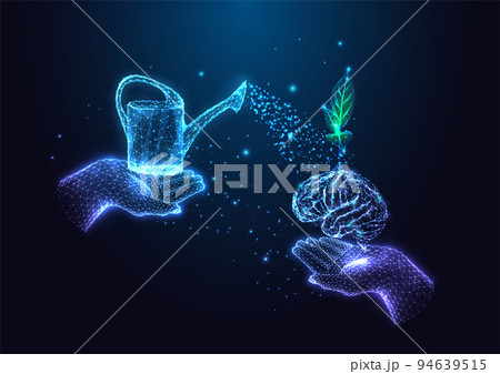 Futuristic growth mindset, learning concept with hands holding brain with sprout and watering can Futuristic growth mindset, learning concept with hands holding brain with sprout and watering can 94639515