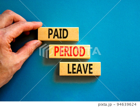 Paid period leave symbol. Concept words Paid period leave on wooden blocks. Beautiful blue table blue background. Doctor hand. Business medical paid period leave concept. Copy space. Paid period leave symbol. Concept words Paid period leave on wooden blocks. Beautiful blue table blue background. Doctor hand. Business medical paid period leave concept. Copy space. 94639624
