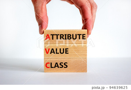 AVC attribute value class symbol. Concept words AVC attribute value class on wooden blocks. Beautiful white background, businessman hand, copy space. Business and AVC attribute value class concept. AVC attribute value class symbol. Concept words AVC attribute value class on wooden blocks. Beautiful white background, businessman hand, copy space. Business and AVC attribute value class concept. 94639625