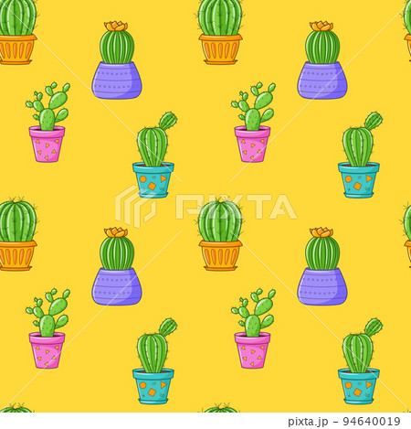 Seamless pattern with different cactus, succulent plant in bright flower pot. Cartoon Cacti. Hand drawing background with houseplants. Vector illustration on yellow background 94640019