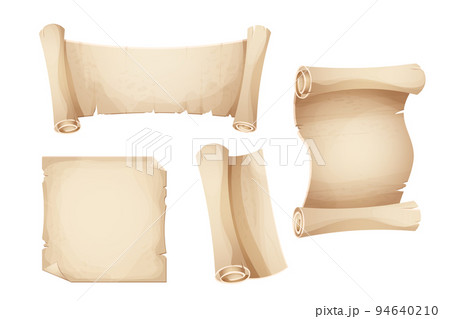 Set ancient old parchment paper, scroll, page empty medieval letter in cartoon style isolated on white background. Game asset, grunge frame, manuscript. Set ancient old parchment paper, scroll, page empty medieval letter in cartoon style isolated on white background. Game asset, grunge frame, manuscript. 94640210