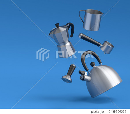 Espresso coffee machine with horn, kettle and geyser coffee maker on blue . Espresso coffee machine with horn, kettle and geyser coffee maker on blue . 94640395
