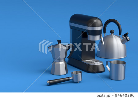 Espresso coffee machine with horn, kettle and geyser coffee maker on blue . Espresso coffee machine with horn, kettle and geyser coffee maker on blue . 94640396