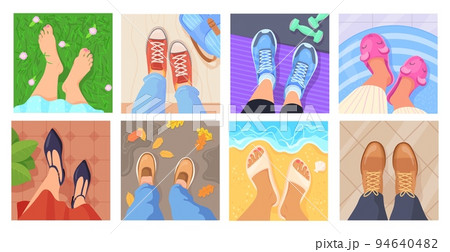 Legs selfie. Feet in sneakers top view, blogger lifestyle concept sight pair footwear on different floor carpet beach park gym home workspace or barefoot, neat vector illustration Legs selfie. Feet in sneakers top view, blogger lifestyle concept sight pair footwear on different floor carpet beach park gym home workspace or barefoot, neat vector illustration 94640482