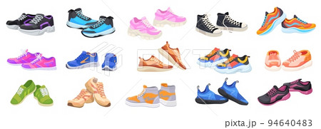 Cartoon athletic sneakers. Sport shoe pair group, fitness footwear design multicolored sneaker of active man woman walking or running comfortable footwear, neat vector illustration 94640483