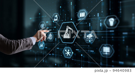 Hand pressing butto RPA icon Robotic Process Automation system. Artificial intelligence concept 94640983