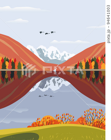 Autumn Fall mountain lake valley vector landscape 94641003