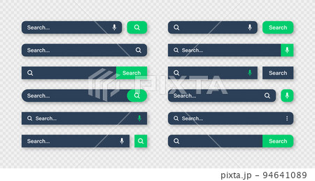 Various search bar templates, dark mode. Internet browser engine with search box, address bar and text field. UI design, website interface element with web icons and push button. Vector illustration 94641089