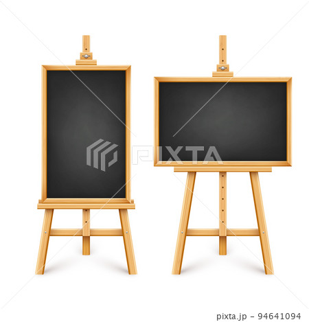 Realistic black chalkboard on wooden easel. Blank blackboard in wooden frame on a tripod. Presentation board, writing surface for text, drawing. Online studying, learning mockup. Vector illustration Realistic black chalkboard on wooden easel. Blank blackboard in wooden frame on a tripod. Presentation board, writing surface for text, drawing. Online studying, learning mockup. Vector illustration 94641094