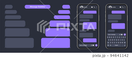 Realistic smartphone with messaging app. Blank SMS text frame. Conversation chat screen with violet message bubbles. Social media application. Vector illustration. Realistic smartphone with messaging app. Blank SMS text frame. Conversation chat screen with violet message bubbles. Social media application. Vector illustration. 94641142