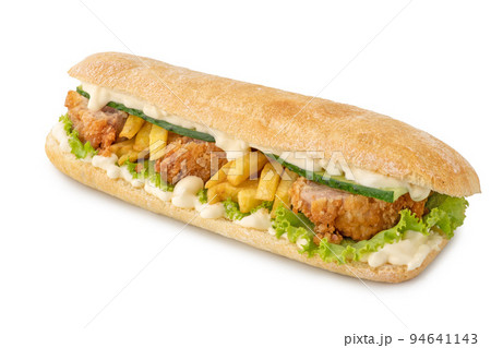 Big Ciabatta Sandwich. Panini with chicken, Lettuce and Sauces isolated on white background Big Ciabatta Sandwich. Panini with chicken, Lettuce and Sauces isolated on white background 94641143