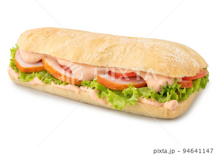 Big Ciabatta Sandwich with Bacon, Lettuce, Tomato and Sauces isolated on white background 94641147