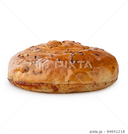 Placinta cake filled with a soft cheese. Isolated on a white background. Placinta cake filled with a soft cheese. Isolated on a white background. 94641218