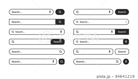 Various search bars with outline border. Internet browser engine with search box, address bar and text field. UI design, website interface element, web icons and push button. Vector illustration 94641219